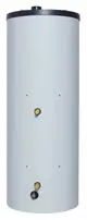 Vaillant-Warmwasserspeicher in zylindrischer Form, mit Anschlussöffnungen auf der Vorderseite. Gehäuse in hellem Farbton.